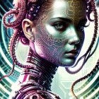 Female cyborg digital artwork with vibrant neon colors