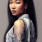 Dark-haired woman with floral tattoo in digital portrait