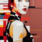 Digital portrait: Woman with bold red lips, geometric patterns, abstract elements