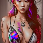Colorful Hair and Tattoos on Woman in Metallic Bikini Top