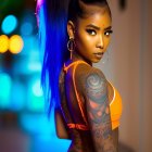 Tattooed woman in orange bodysuit with high ponytail on bokeh light background