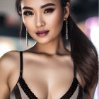 Young woman portrait with long hair and earrings in dark lingerie top