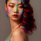 Colorful Makeup Woman with Red Wavy Hair and Floral Attire