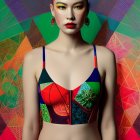 Colorful Split Hair Buns & Geometric Outfit Against Abstract Background