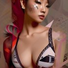 Woman with edgy makeup in geometric bikini top against abstract backdrop