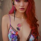 Red-haired woman in colorful bralette and feather earring against neutral backdrop