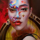 Vibrant surrealist portrait of a woman with abstract face paint on dark background