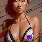 Anime-style woman with red hair and flower in black and white bikini top
