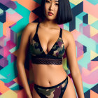 Woman in camo lingerie against colorful geometric backdrop