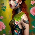 Elaborately Body Painted Woman with Bird-Themed Design