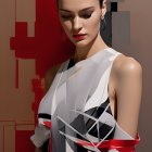 Dark-haired woman in bun with geometric outfit on abstract background