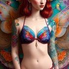 Red-Haired Woman in Butterfly Lingerie with Colorful Wings and Bird