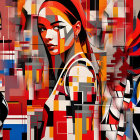 Colorful Cubist-Style Artwork: Three Women with Red Lips & Angular Features