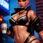 Stylized 3D illustration: Woman with tiger features in futuristic attire against neon-lit urban
