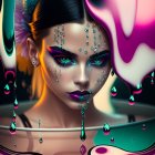 Vibrant surreal portrait of woman with teal makeup and liquid beads