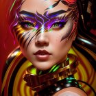 Colorful digital portrait of woman with unique makeup and futuristic attire on fiery red background