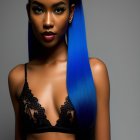 Blue Ombre Hair Woman in Black Lace Bralette on Gray Background