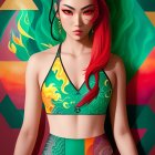 Digital artwork of woman with red hair and horns in flame swimsuit on geometric backdrop