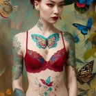 Woman with Red Lipstick and Butterfly Adorned Hair in Red Lingerie