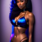 Digital artwork featuring woman with blue hair in black lingerie on purple background