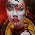 Colorful portrait with red and orange tones and swirling designs.