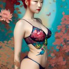 Red-Haired Woman in Floral Bikini Against Blue Background