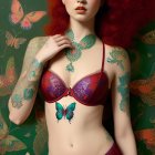 Striking red-haired woman in colorful lingerie with intricate patterns and butterflies