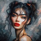 Vibrant oil painting of a woman with green eyes and red lips