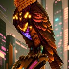 Cybernetic eagle on metallic structure in neon-lit cityscape