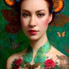 Ethereal woman with floral and peacock motifs in lush greenery