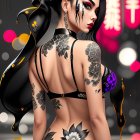 Digital artwork: Woman with black hair, floral tattoos, black lingerie, Asian neon backdrop