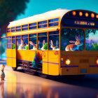 Rabbits on Yellow School Bus in Sunset Scene