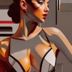 Stylized digital artwork of a woman in golden headpiece and modern bodysuit