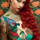 Red-haired woman in corset with green tattoos among orange flowers and butterfly