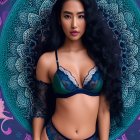 Long-haired woman in green lingerie with peacock feather backdrop