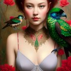 Red-haired woman with floral hair adornments, bird, roses, jewelry, and neck tattoo.