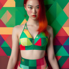 Red-haired woman in colorful geometric attire against abstract background
