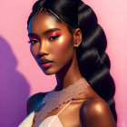 Woman with sleek hairstyle and bold makeup against pink backdrop with floral accents