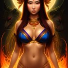 Illustration of female warrior in blue and gold armor with fiery aura and spirit guardians