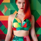 Red-Haired Woman with Cat Ears in Colorful Geometric Setting