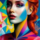 Vibrant geometric patterns overlay woman's face in digital artwork