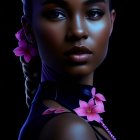 Braided hair woman with pink flowers in black outfit