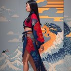 Profiled woman in red and blue kimono against Japanese mural.