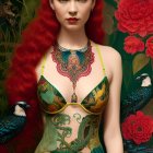 Red-haired woman in green jeweled outfit surrounded by red flowers and peacocks