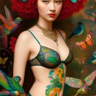 Stylized digital painting of woman with red hair and floral adornments surrounded by birds and butterflies in