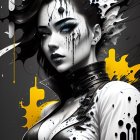 Monochrome artwork of a woman with yellow paint splashes