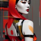 Digital artwork: Female figure with red headscarf, monochrome skin, and integrated graphic design elements