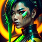 Vivid cyberpunk-inspired woman with green and black hair on neon-lit backdrop