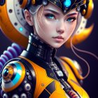 Futuristic female character in yellow and black armor with glowing blue helmet