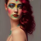 Vibrant makeup and curly red hair portrait against muted background